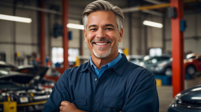 A smiling auto mechanic stands proudly in his well-equipped workshop, ready to tackle any repair challenge.