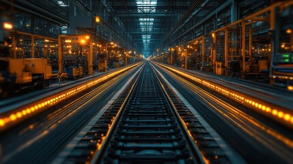Industrial Railroad Tracks in a Factory at Night