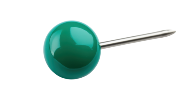 Green push pin on transparent background, office supply for notes and reminders