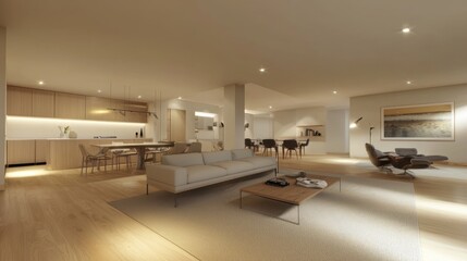 Modern Open-Plan Apartment Interior Design: Luxurious Living Space with Neutral Tones and Natural Light
