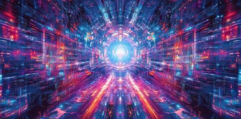 Obraz premium Abstract Digital Tunnel Of Vivid Neon Lights And Data Streams