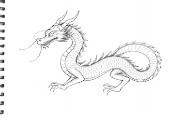 Obraz premium Line Art of a Flying Dragon with Detailed Wings and Fierce Expression Generative AI