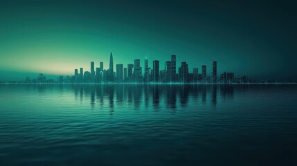 Naklejka premium City Skyline Reflected in Calm Waters at Dusk