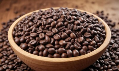 Fototapeta premium Richly textured coffee beans piled high in a wooden bowl , texture, artisanal coffee, earthy