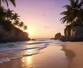 Fototapeta premium Romantic getaway to a secluded beach at sunset, sunset, serene