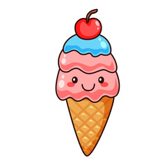 cute ice cream cartoon kawaii sticker. character vector illustration