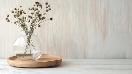 Soft home decor of glass vase with spikelets and wooden plate on white wood background Interior