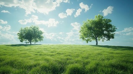 Obraz premium Sunny Meadow Two Trees, Peaceful Landscape, Idyllic Scene