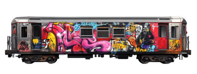 Train with vibrant graffiti artwork on its side, showcasing urban art and creativity. colorful designs reflect street culture and artistic expression