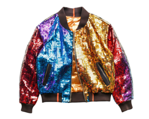 colorful disco jacket with glitter and sequins, perfect for parties and celebrations. This vibrant piece adds fun touch to any outfit, making it standout choice for festive occasions