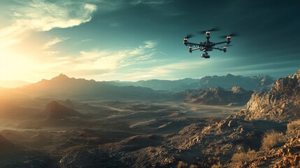 Drone Flying Over Dramatic Desert Landscape at Sunset