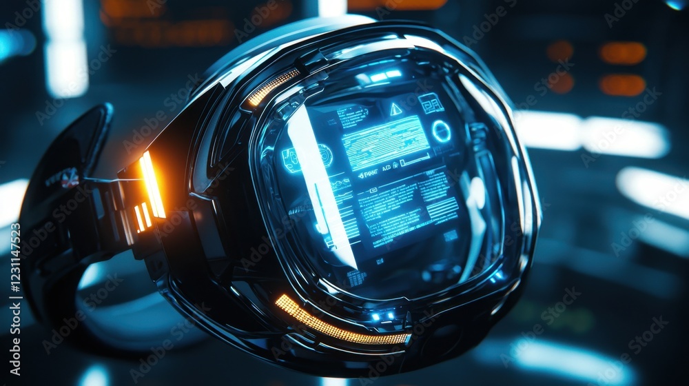 Poster futuristic device with glowing interface in sci-fi setting