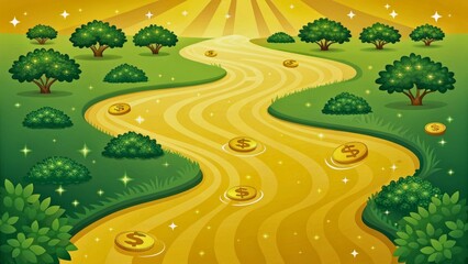 Fototapeta premium Vibrant Golden Pathway through Lush Green Landscape with Sparkling Coins and Trees