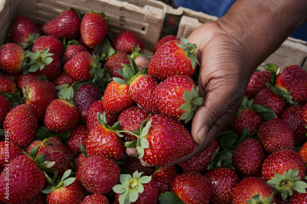 Canvas Prints A hand is holding a bunch of strawberries