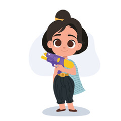 Cute thai girl in traditional outfit celebrating songkran festival with water splashing fun in thailand