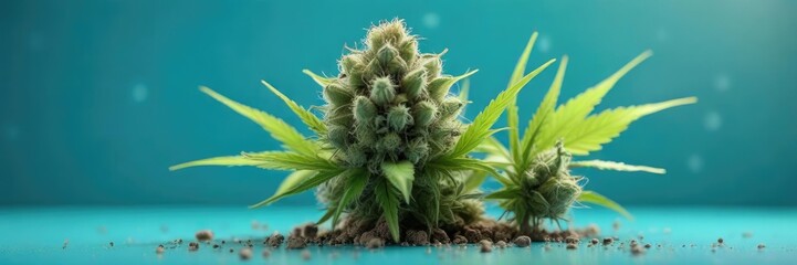 Obraz premium Small cannabis bud on turquoise background with scattered green and blue particles , #botany, #turquoisebackground