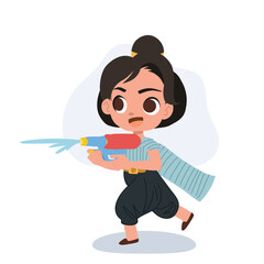 Cute thai girl in traditional outfit celebrating songkran festival with water splashing fun in thailand