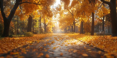 Obraz premium Serene Autumn Pathway with Golden Leaves and Sunlight Glow