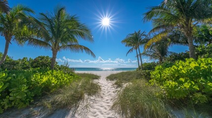 Fototapeta premium Sun in blue sky and palm trees gateway to white sand beach