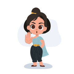 adorable thai girl wearing traditional dress making a hand stop gesture
