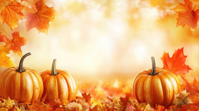 Three pumpkins sit amidst autumn leaves. Perfect for Thanksgiving, fall harvest themes, or autumnal designs.
