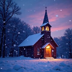 Snowflakes gently fall around the church at dusk, snowfall, gentle
