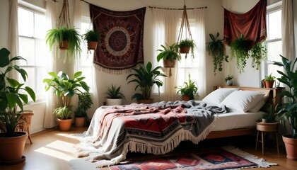 living room interior, Cozy Bedroom with Bohemian Style and Vintage Accents
