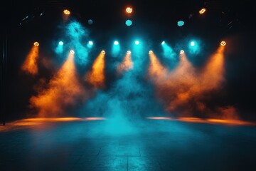 Naklejka premium Orange and blue stage lights fill smoky room. Perfect for concert, show, or event backgrounds.