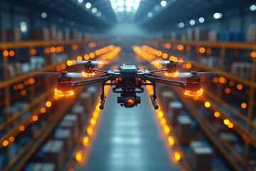 United States A massive industrial warehouse with drones and robots managing logistics in real time.