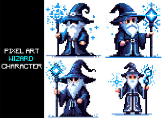 Pixel art of an wizard character. 8 bit