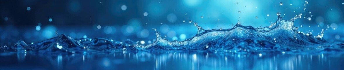 Sparkling blue and white water droplets suspended in mid-air, glowing, marine life