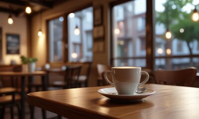 Obraz premium Peaceful cafe scene with a cup of coffee and soft lighting , warmth, cozy atmosphere