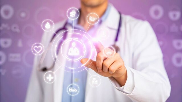 Doctor Interacting with Digital Health Technology in Innovative Medical Environment