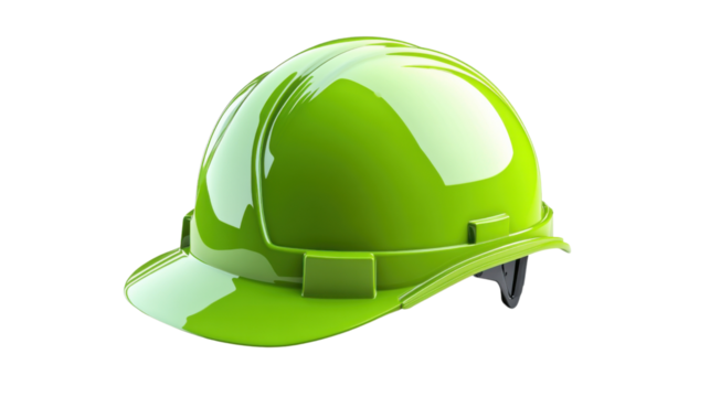 Green safety helmet protecting construction workers on transparent background