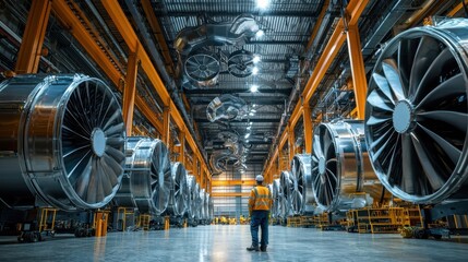 Obraz premium Worker Observing Large Jet Engine Components in Modern Factory