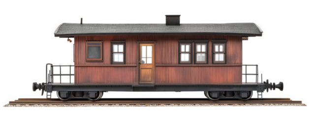 vintage train conductor cabin, isolated on transparency background, showcasing its wooden structure and classic design. This evokes nostalgia for railway history