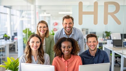 Cheerful team of young professionals in an office setting with HR sign in the background