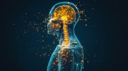 A surreal X-ray of a human body morphing into glowing abstract forms