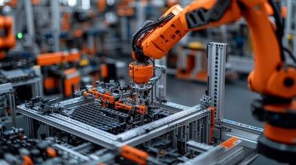 Naklejka premium Orange Robotic Arm Assembling Parts on a Grey Conveyor Belt in a Modern Factory