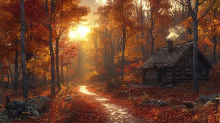 Obraz premium Autumnal Cabin Retreat: A Serene Forest Path at Sunset