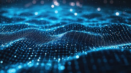 Blue Abstract Digital Wave Pattern with Glowing Dots and Lines