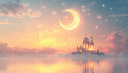Naklejka premium Serene Sunset Scene Mosque on Clouds Crescent Moon Starry Sky Peaceful Night