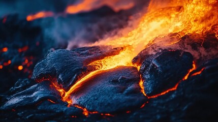 Fototapeta premium Close-Up View of Flowing Lava in Volcanic Eruption Scene