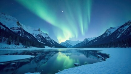 Ice-covered lake under the enchanting glow of Northern Lights, frosty, serene