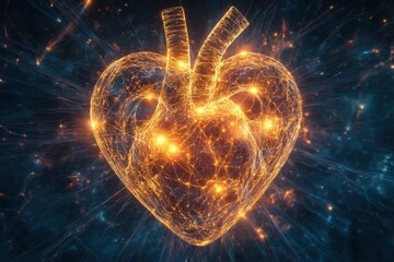 Heart Shape Symbol with Glowing Lines and Particles in Dark Space