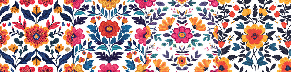 This vibrant and colorful floral vintage seamless pattern features an abundance of blooming flowers and lush verdant leaves arranged in a beautiful bohemian inspired design  The intricate