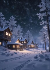 Fototapeta premium Snow-covered trees and houses under a starry night sky with snowflakes gently falling on the ground in a serene and peaceful landscape , serene, starry night, cozy scene