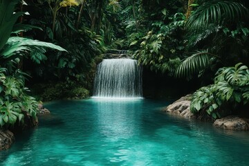 Naklejka premium Lush Tropical Waterfall Cascades Into Teal Pool