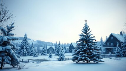 Snowy landscape with a Christmas tree in the foreground and houses in the background, snow-covered ground, christmas tree