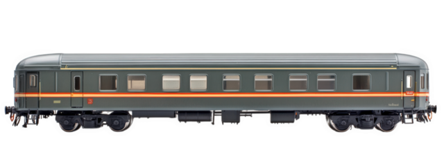 vintage passenger train car with sleek design, featuring dark green exterior and orange stripes, isolated on transparency background